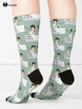 Taki Tachibana - Ваше имя | Kimi No Na Wa. Носки Белые футбольные носки Персонализированные пользовательские 360 ° Цифровая печать Подарок Harajuku Retro